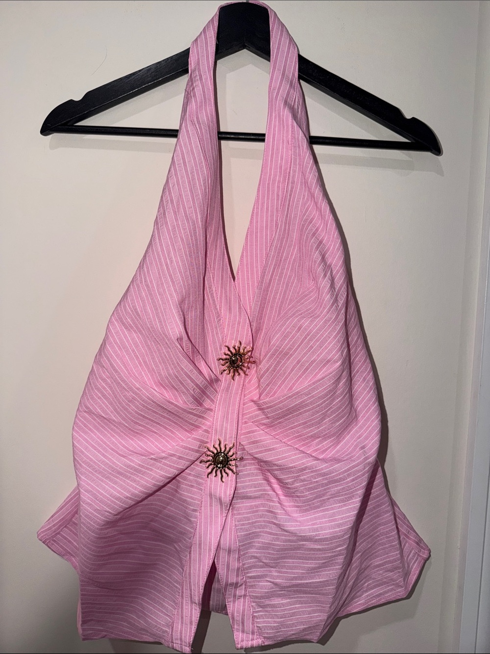 Pink Halter Tie-Front Women's Top with Decorative Accents